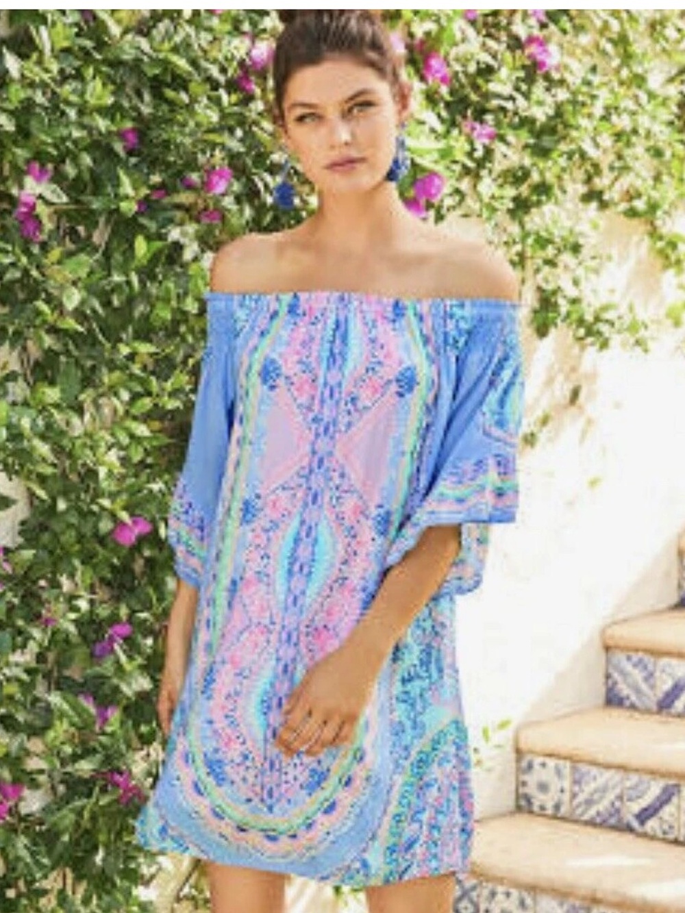 LILLY PULITZER SIZE M FAWNA OFF-THE-SHOULDER DRESS *SEASIDE SHINDIG* blue pink